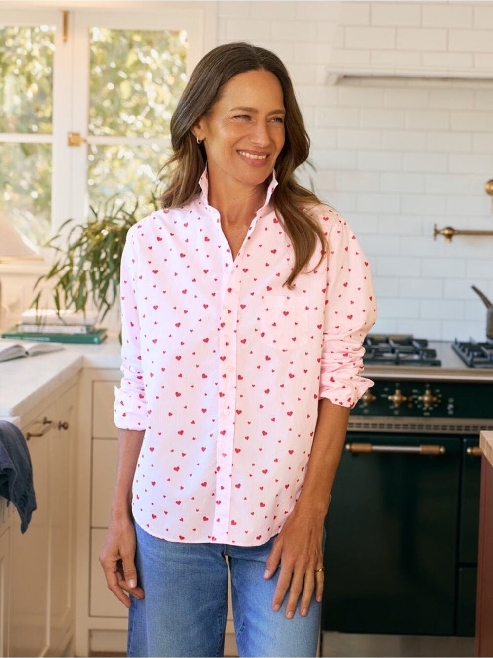 Frank & Eileen Relaxed Button-Up Shirt in Pink Stripe with Hearts S